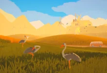 Three storks stand in a stylized golden field with wind turbines and an orange van against a backdrop of rolling hills and mountains.