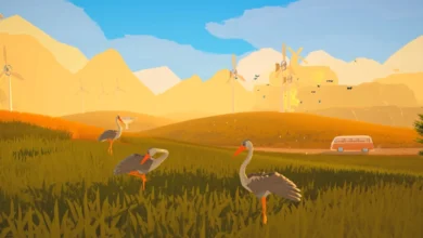 Three storks stand in a stylized golden field with wind turbines and an orange van against a backdrop of rolling hills and mountains.