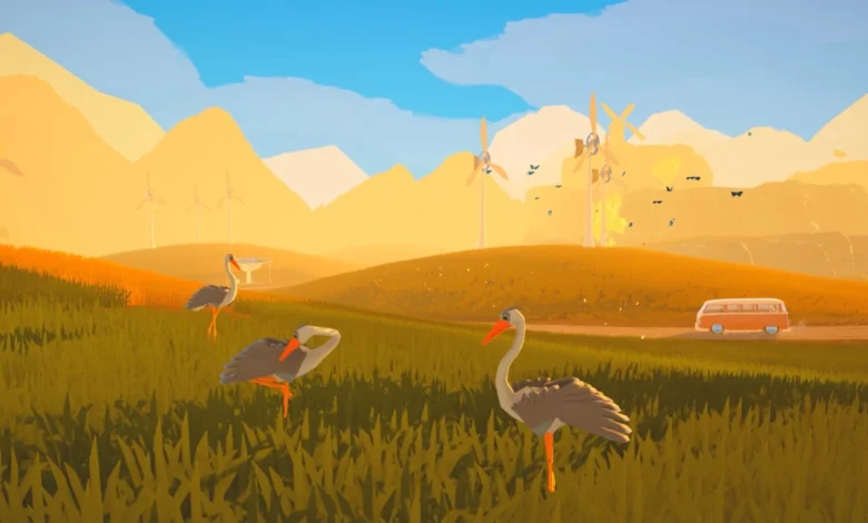 Three storks stand in a stylized golden field with wind turbines and an orange van against a backdrop of rolling hills and mountains.