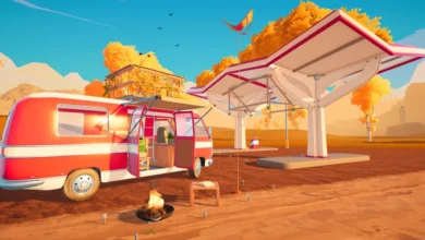 A stylized red camper van parked at a scenic campsite with a campfire and a modern, white-roofed station canopy set against a vibrant autumn landscape.