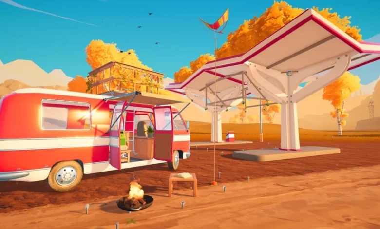 A stylized red camper van parked at a scenic campsite with a campfire and a modern, white-roofed station canopy set against a vibrant autumn landscape.
