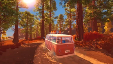 A red camper van drives along a sun-drenched dirt road through a forest of towering trees.