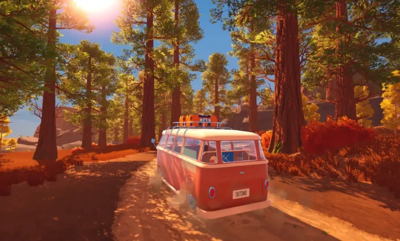 A red camper van drives along a sun-drenched dirt road through a forest of towering trees.