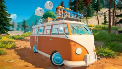 A stylized orange and white camper van carrying scientific equipment and wind turbines on its roof sits on a dirt path in a mountainous forest.