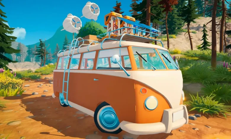 A stylized orange and white camper van carrying scientific equipment and wind turbines on its roof sits on a dirt path in a mountainous forest.