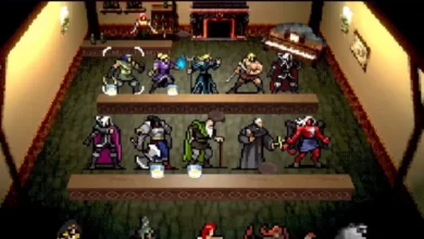 A character selection screen featuring diverse pixel art fantasy heroes gathered in a tavern setting.