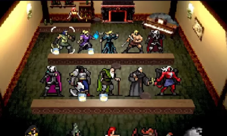 A character selection screen featuring diverse pixel art fantasy heroes gathered in a tavern setting.