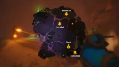 An in-game map overlay with yellow objective markers for bells and a church is displayed over a first-person perspective of a hazy, orange-toned environment.