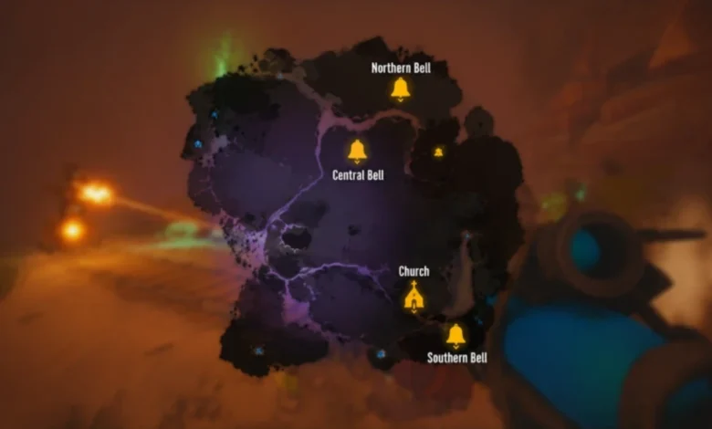 An in-game map overlay with yellow objective markers for bells and a church is displayed over a first-person perspective of a hazy, orange-toned environment.