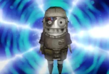 A small, armored robotic figure with mismatched eyes stands centered before a swirling blue energy vortex.