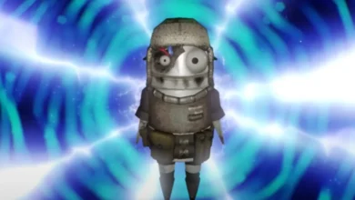 A small, armored robotic figure with mismatched eyes stands centered before a swirling blue energy vortex.
