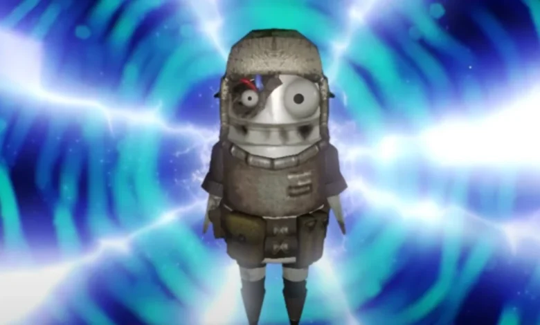 A small, armored robotic figure with mismatched eyes stands centered before a swirling blue energy vortex.