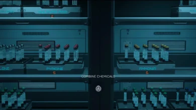 Labeled trays of chemical vials sit on metallic shelves in a futuristic laboratory setting under a "Combine Chemicals" game prompt.
