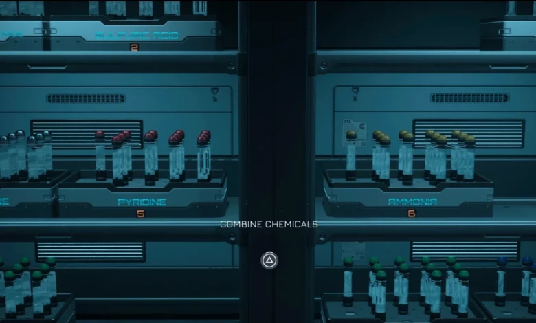 Labeled trays of chemical vials sit on metallic shelves in a futuristic laboratory setting under a "Combine Chemicals" game prompt.