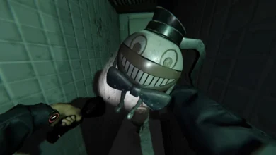A first-person perspective of a grinning teapot-headed character wearing a bow tie and top hat, illuminated by a flashlight in a dark, tiled bathroom.