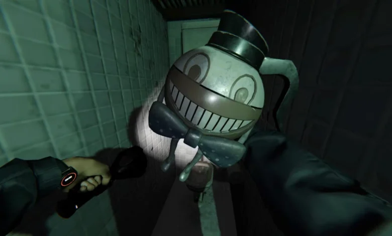 A first-person perspective of a grinning teapot-headed character wearing a bow tie and top hat, illuminated by a flashlight in a dark, tiled bathroom.