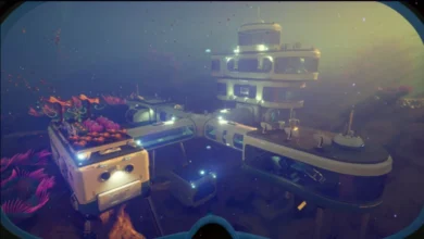 A futuristic modular underwater base with glowing windows and an external garden bed, surrounded by bioluminescent flora and sea life.