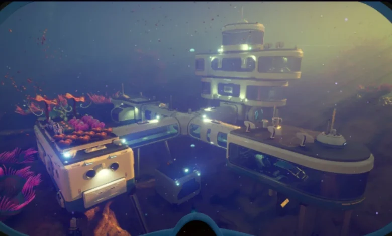 A futuristic modular underwater base with glowing windows and an external garden bed, surrounded by bioluminescent flora and sea life.