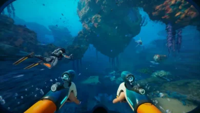 First-person perspective of a scuba diver exploring a vibrant coral reef using futuristic propulsion devices.