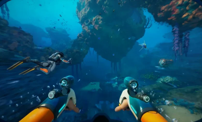 First-person perspective of a scuba diver exploring a vibrant coral reef using futuristic propulsion devices.