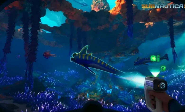 First-person gameplay from Subnautica 2 showing a scanner tool being used on a striped alien fish in a vibrant bioluminescent underwater environment.