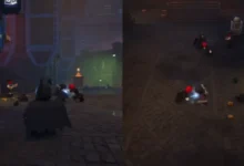 A split-screen view of LEGO Batman fighting enemies in a dark, urban street setting during a video game.