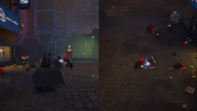 A split-screen view of LEGO Batman fighting enemies in a dark, urban street setting during a video game.