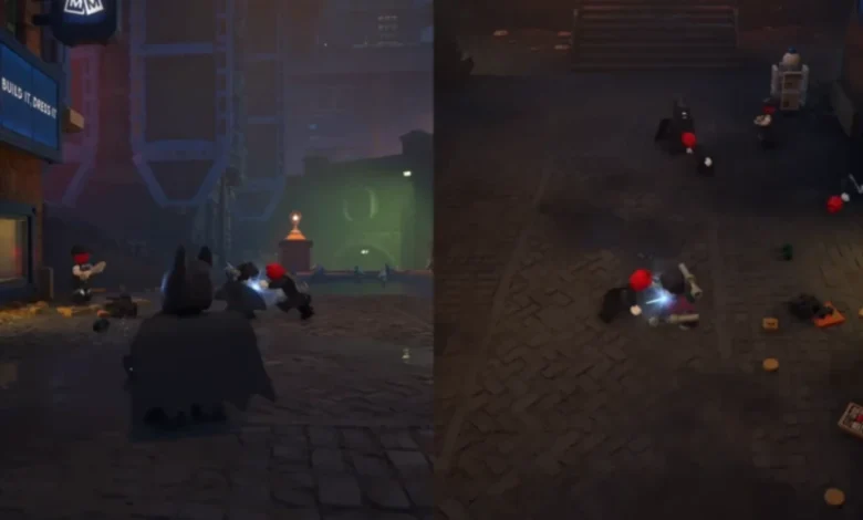 A split-screen view of LEGO Batman fighting enemies in a dark, urban street setting during a video game.