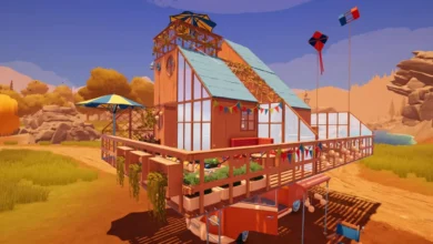 A whimsical multi-story wooden house with large glass windows built on top of a red van in a stylized, sunlit outdoor landscape.