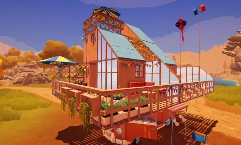 A whimsical multi-story wooden house with large glass windows built on top of a red van in a stylized, sunlit outdoor landscape.