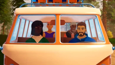 Four diverse animated characters sit inside a white and orange camper van traveling through a sunlit forest.