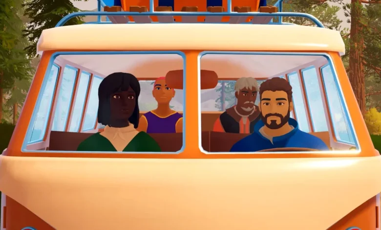 Four diverse animated characters sit inside a white and orange camper van traveling through a sunlit forest.