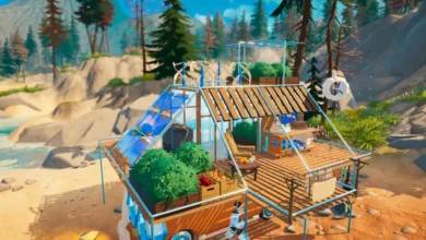 A stylized mobile home converted into a sustainable dwelling with a rooftop greenhouse, solar panels, and wind turbines in a scenic coastal forest.