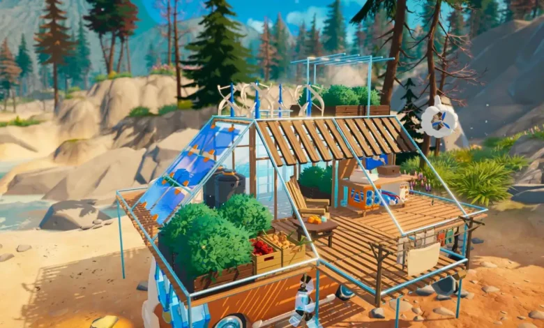 A stylized mobile home converted into a sustainable dwelling with a rooftop greenhouse, solar panels, and wind turbines in a scenic coastal forest.