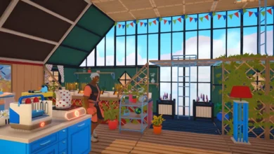 A gray-haired character stands in a bright, sun-drenched indoor workshop filled with plants and colorful banners.