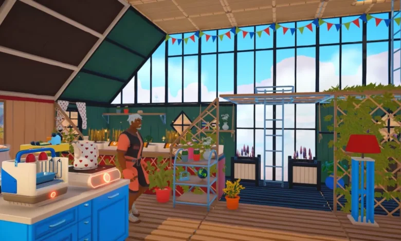 A gray-haired character stands in a bright, sun-drenched indoor workshop filled with plants and colorful banners.