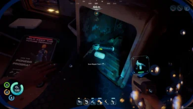 First-person view of a player in an underwater video game using a handheld scanner to analyze a repair tool fragment inside a storage locker.