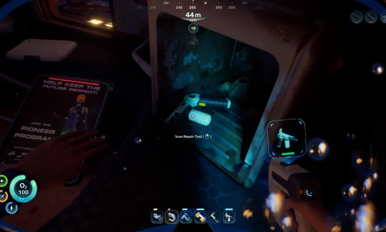 First-person view of a player in an underwater video game using a handheld scanner to analyze a repair tool fragment inside a storage locker.