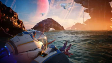 A pilot in a small submersible explores a vibrant alien ocean world under a sky featuring a ringed planet and bioluminescent flying creatures.
