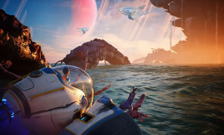 A pilot in a small submersible explores a vibrant alien ocean world under a sky featuring a ringed planet and bioluminescent flying creatures.