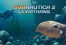 Promotional image for Subnautica 2 featuring two large alien leviathans swimming in a deep blue underwater environment.