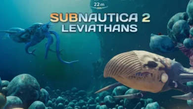 Promotional image for Subnautica 2 featuring two large alien leviathans swimming in a deep blue underwater environment.