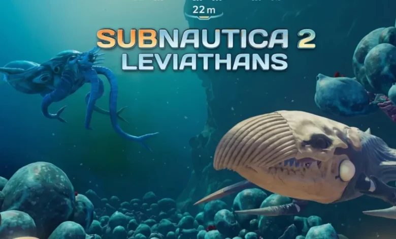 Promotional image for Subnautica 2 featuring two large alien leviathans swimming in a deep blue underwater environment.