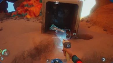 First-person perspective of a player scanning a flashlight fragment inside an open crate on a sandy seabed in an underwater video game.