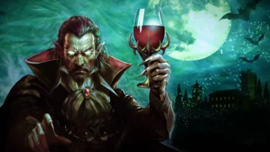 A sinister vampire with glowing eyes and long claws holds an ornate chalice of blood against a misty, gothic backdrop.