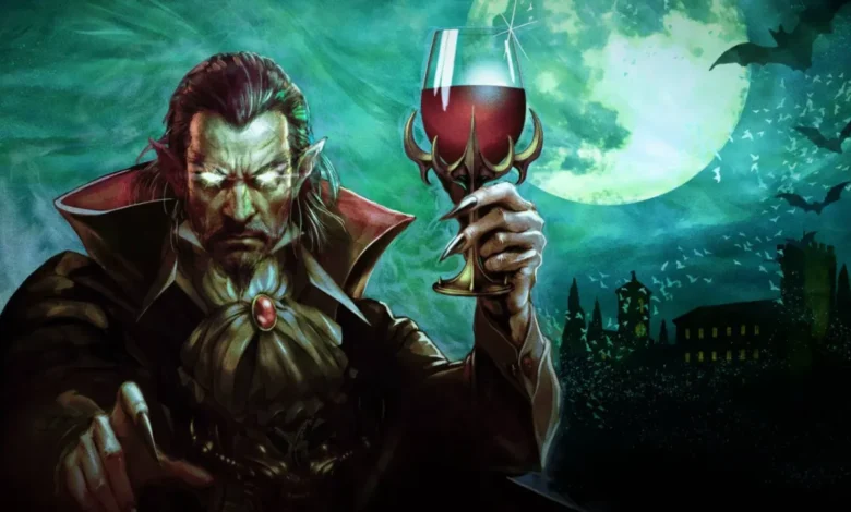 A sinister vampire with glowing eyes and long claws holds an ornate chalice of blood against a misty, gothic backdrop.