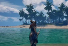 A person in pirate-style clothing fishes with a long rod from a wooden beam over a vast, choppy blue ocean.