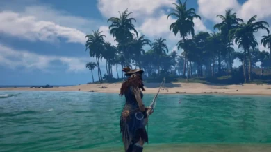 A person in pirate-style clothing fishes with a long rod from a wooden beam over a vast, choppy blue ocean.