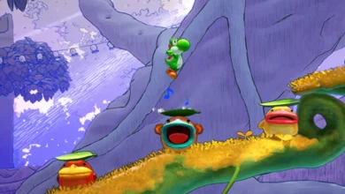 Yoshi jumps over singing bird-like creatures on a textured branch in a whimsical, purple-toned fantasy landscape.