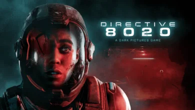Promotional art for the sci-fi horror game Directive 8020, featuring a close-up of a terrified astronaut with a cracked helmet visor.